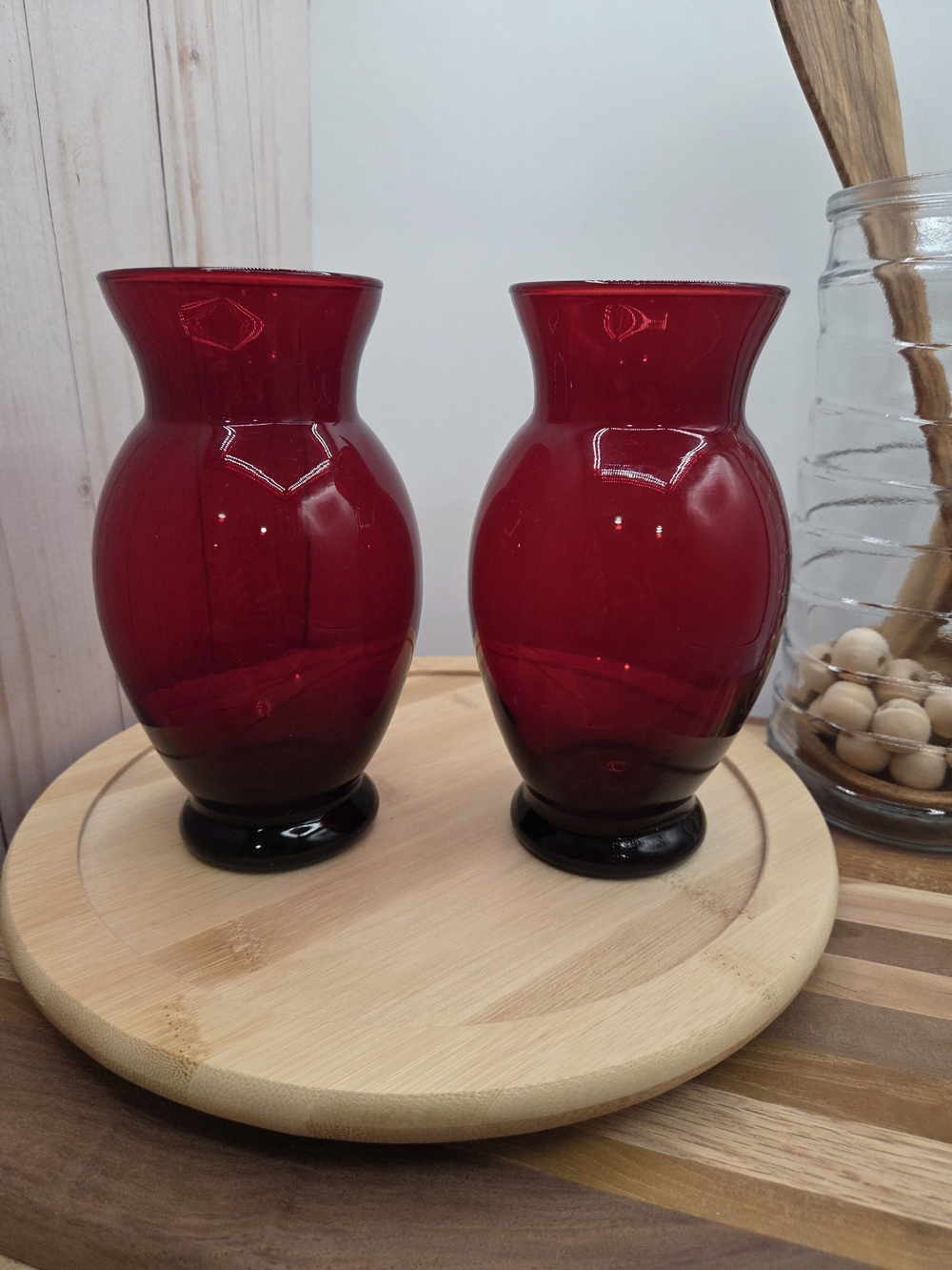 Pair 1950s Anchor Hocking Royal Ruby Red Mid Century Flared Top Coolidge Vases